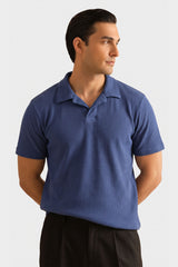 Blue V Neck Knitted Polos