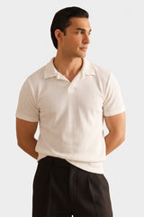 Off White V Neck Knitted Polos