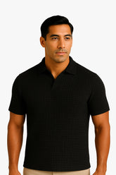 Black Spandex V Neck Knitted Polos