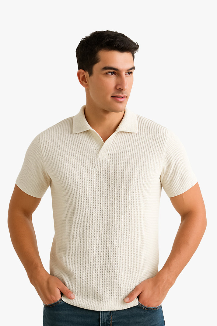 White V Neck Knitted Polos