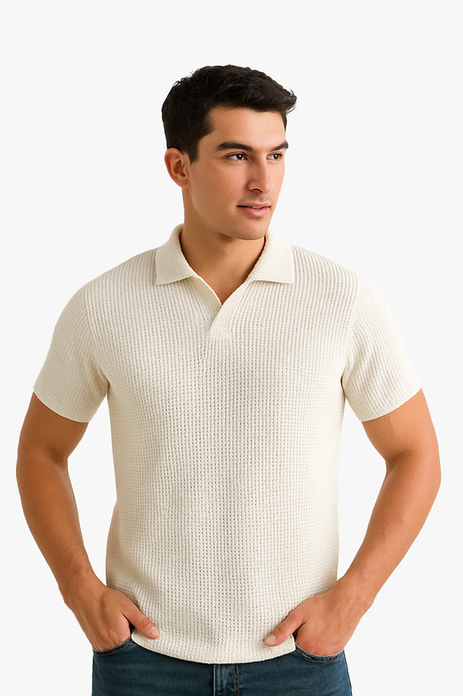 White V Neck Knitted Polos Hover Image