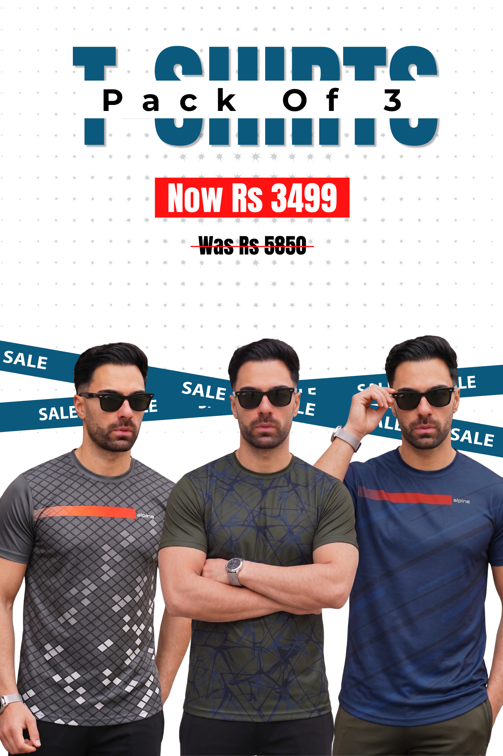 Alpine - Textured Dry Fit T-Shirt Bundle Offer - Olive, Navy Blue & Grey