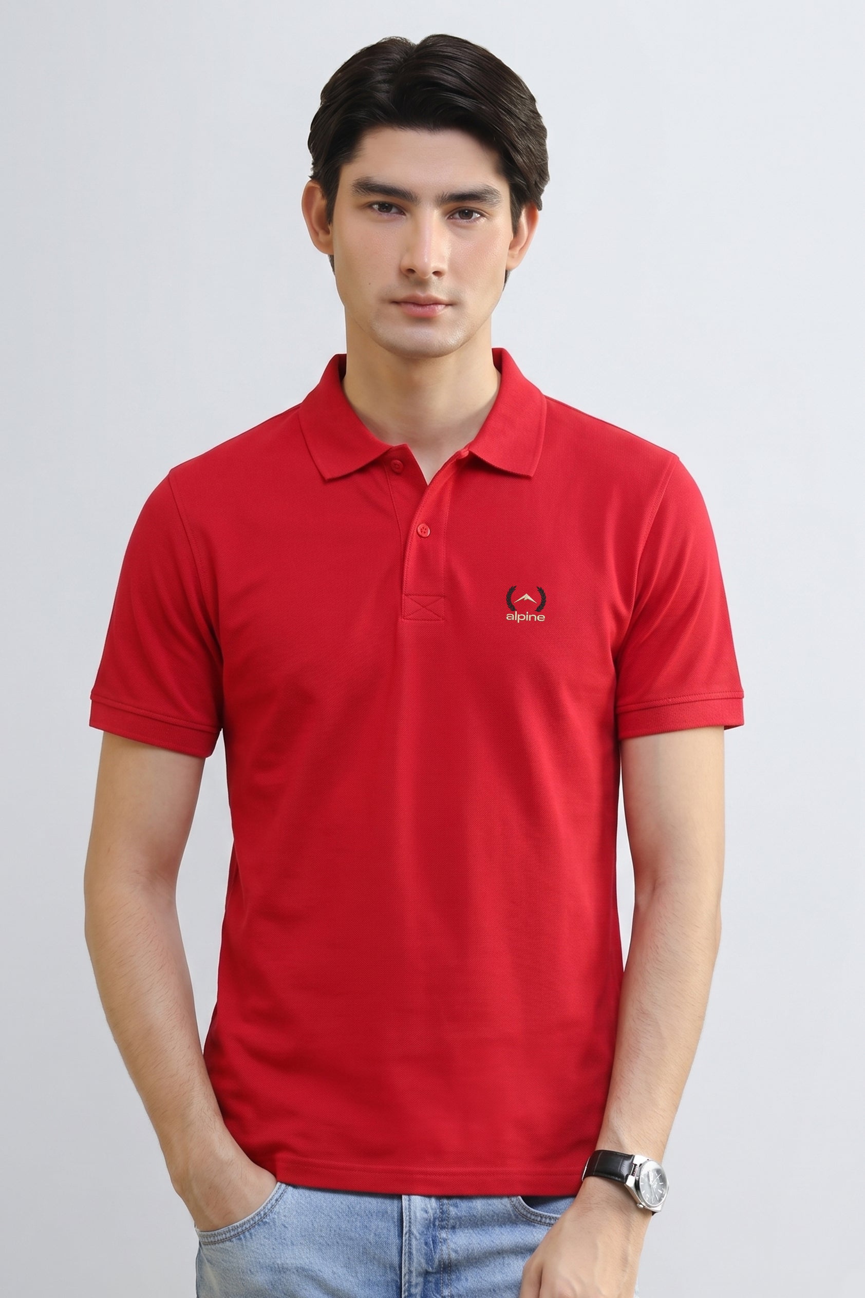 Alpine Men’s Red Cotton Polo Shirt – Contrast Trim Edition