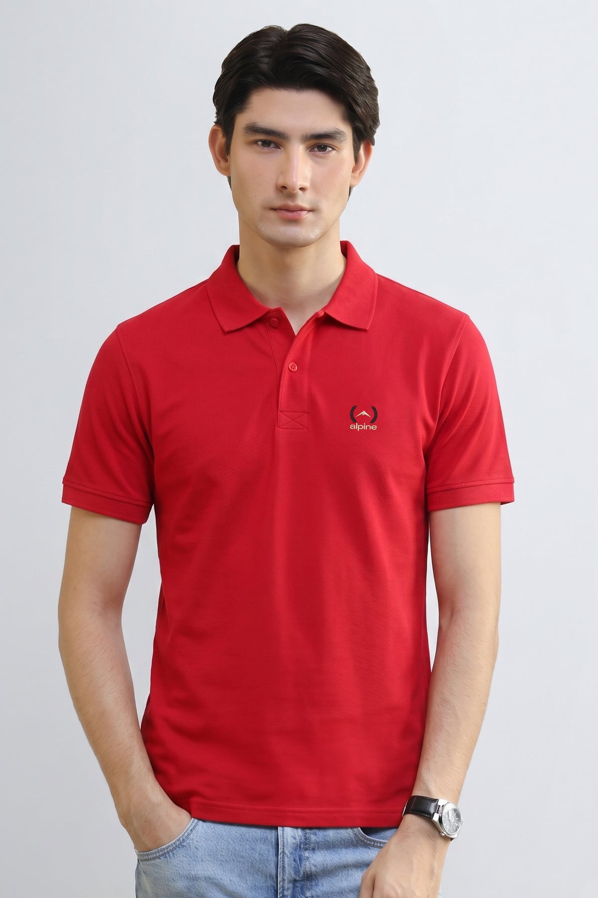 Alpine Men’s Red Cotton Polo Shirt – Contrast Trim Edition