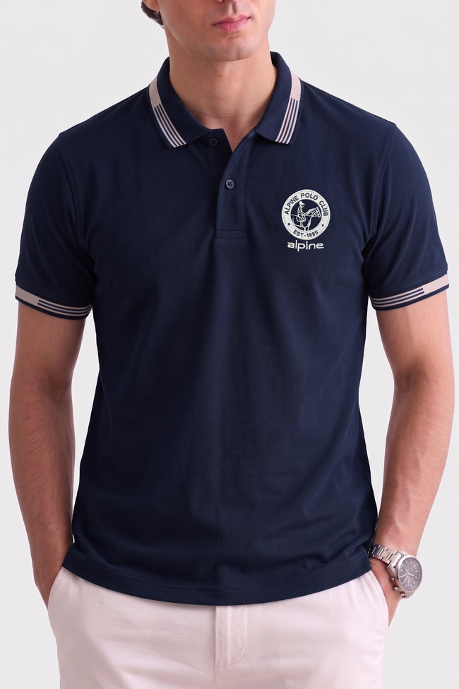 Alpine Men’s Navy Blue Cotton Polo Shirt - Heritage Badge Edition Hover Image