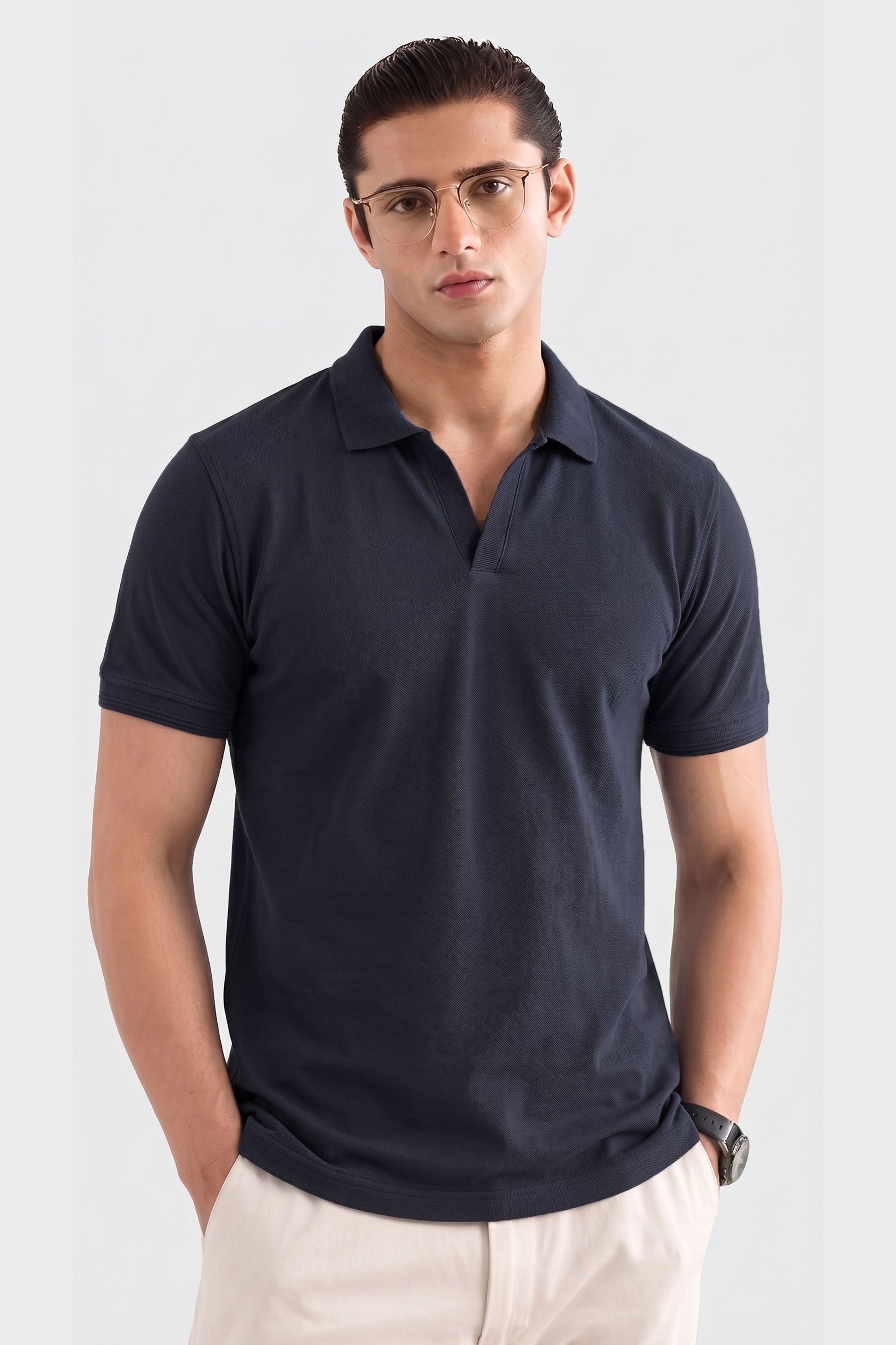 Alpine Men’s Navy Blue Cotton PQ V-Neck Polo Shirt