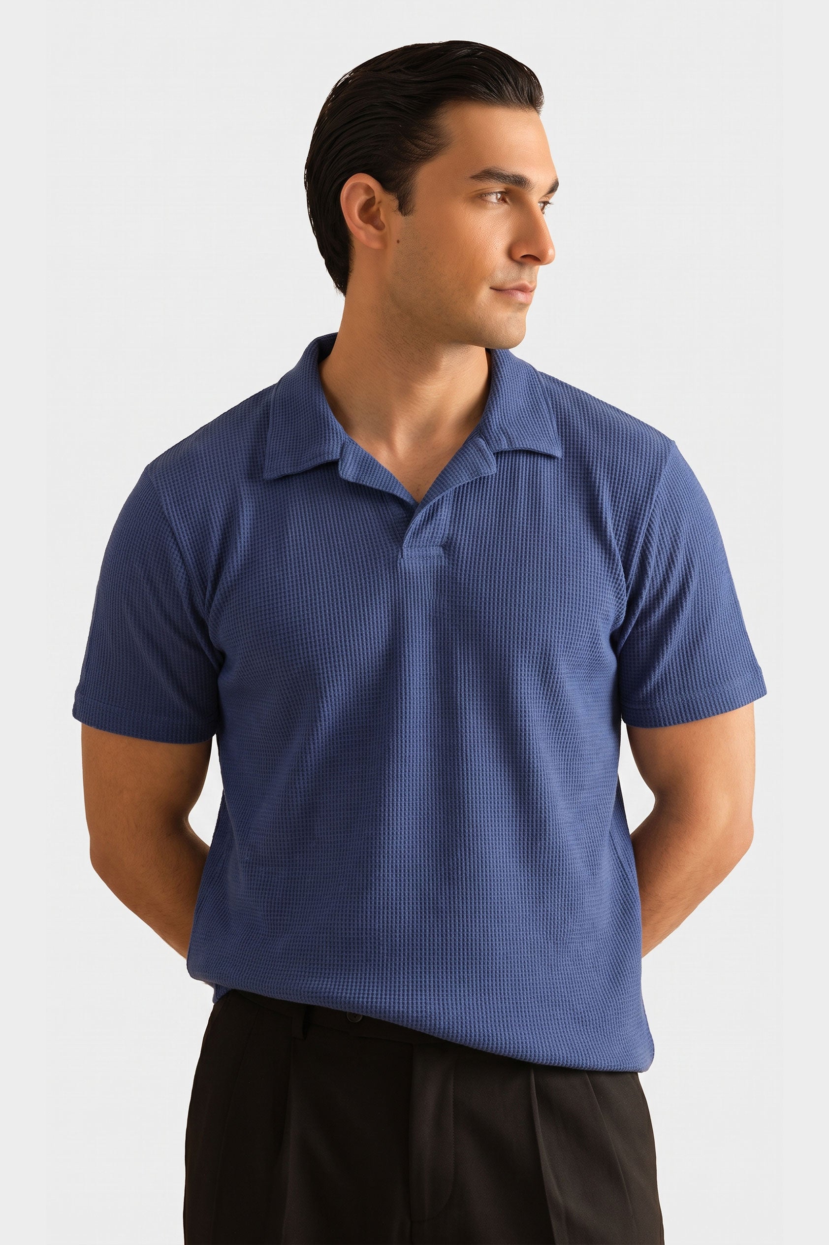 Blue V Neck Knitted Polos