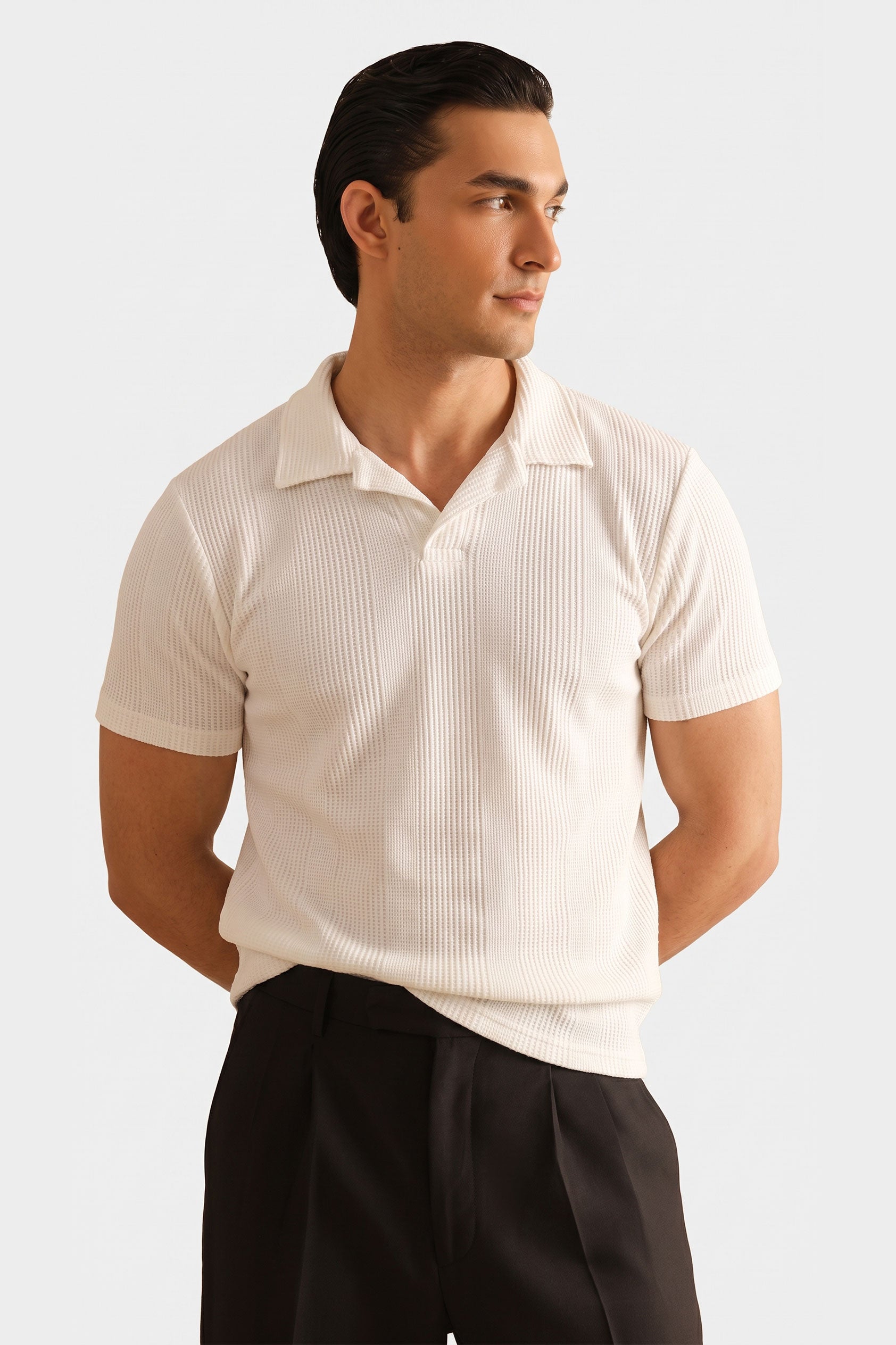 Off White V Neck Knitted Polos