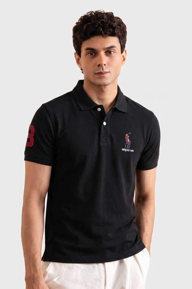 Alpine Men’s Black Cotton Polo – Royal Rider Edition Hover Image