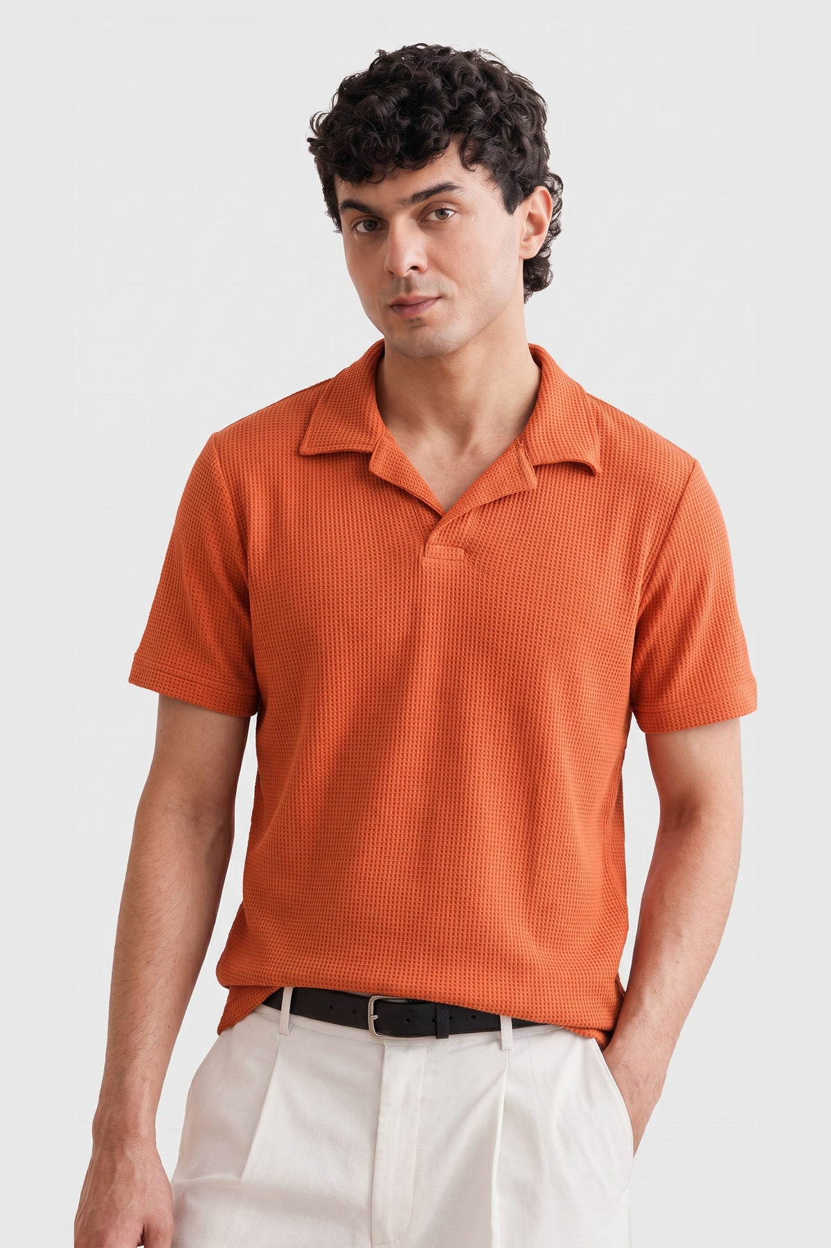 Mustard V Neck Knitted Polos