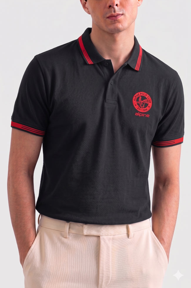 Alpine Men’s Black Cotton Polo Shirt - Heritage Badge Edition Hover Image