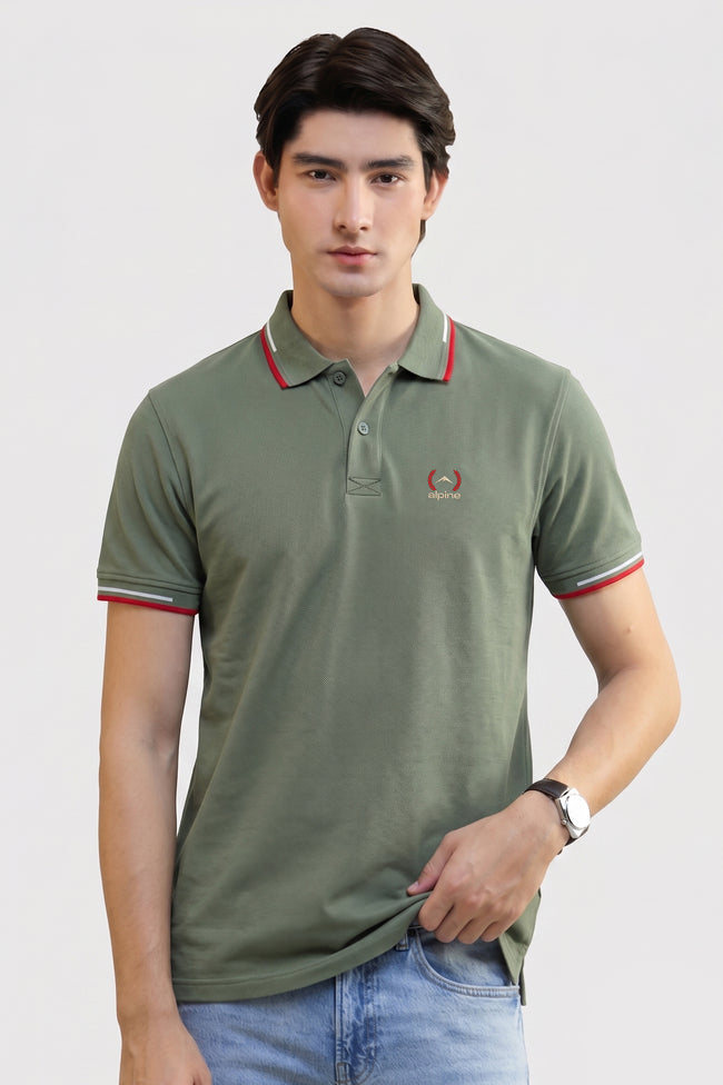Alpine Men’s Hunter Green Cotton Polo Shirt – Contrast Trim Edition Hover Image