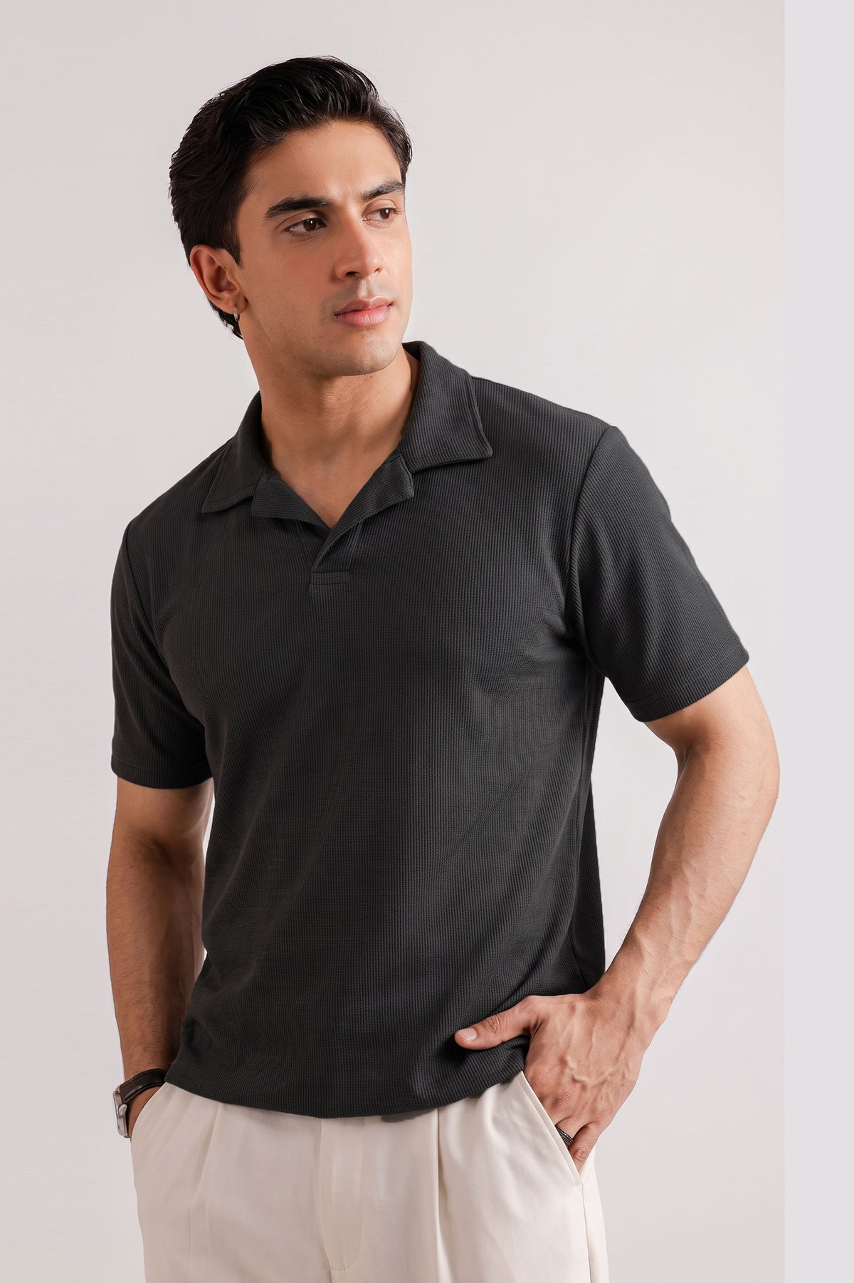 Black V Neck Knitted Polos