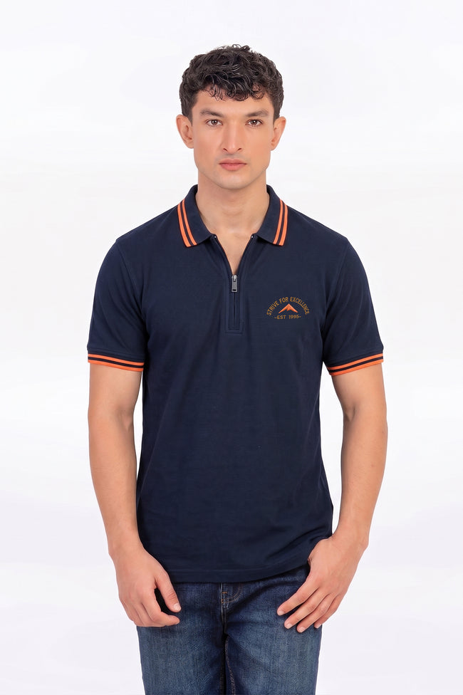 Alpine Men’s Navy Blue Cotton Polo Shirt - Zip Edition Hover Image