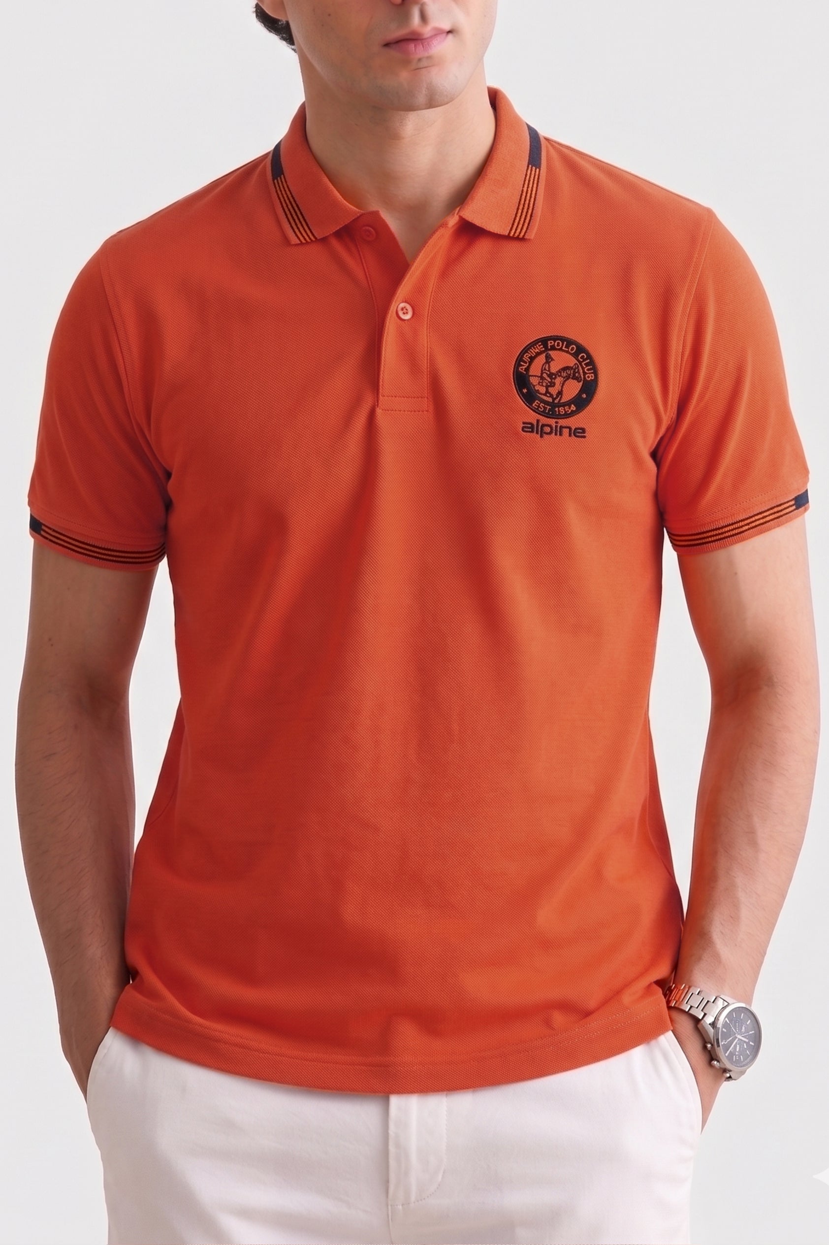 Alpine Men’s Orange Cotton Polo Shirt - Heritage Badge Edition