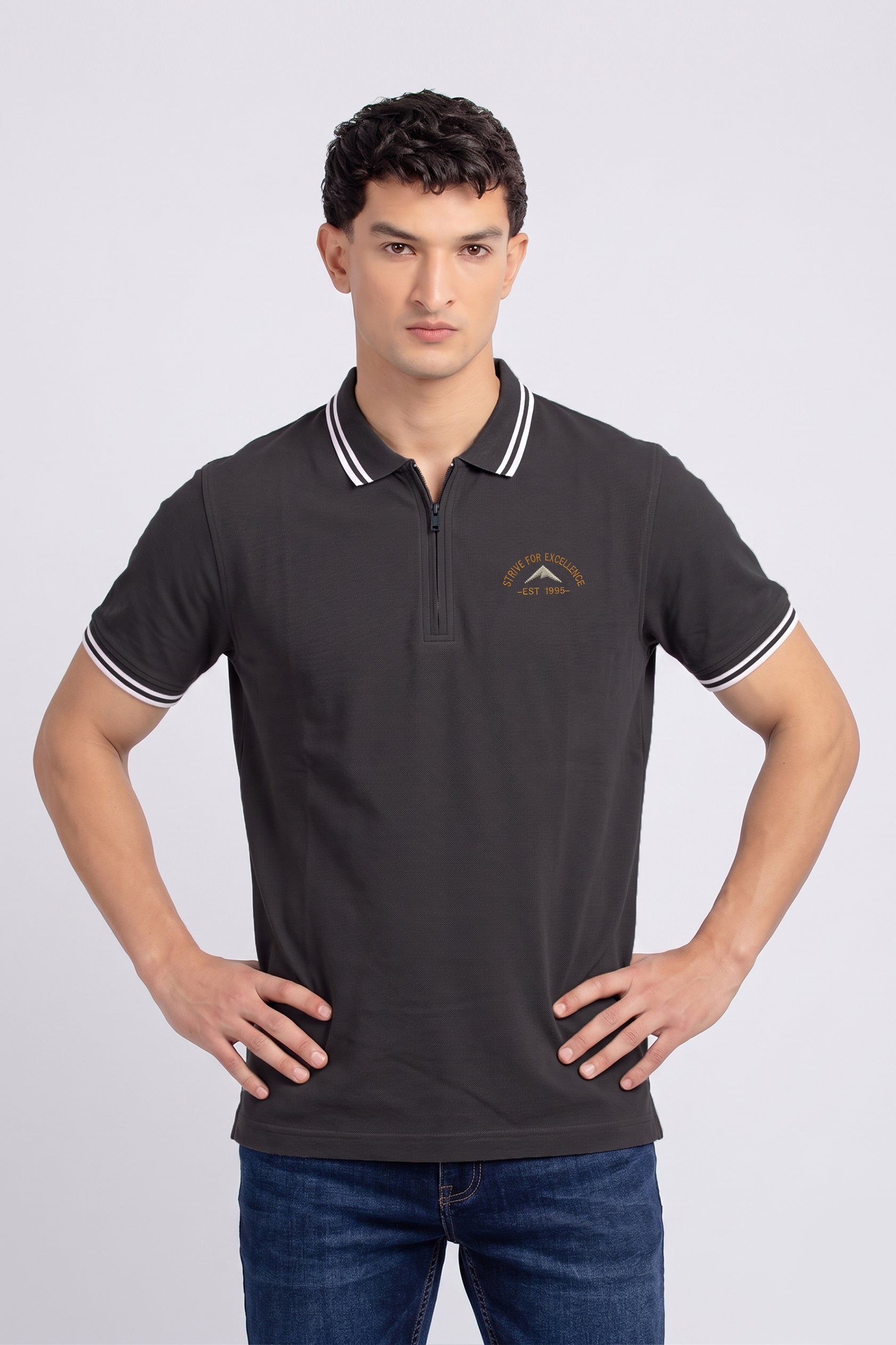 Alpine Men’s Charcoal Grey Cotton Polo Shirt - Zip Edition