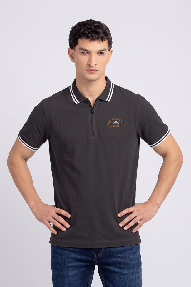 Alpine Men’s Charcoal Grey Cotton Polo Shirt - Zip Edition Hover Image