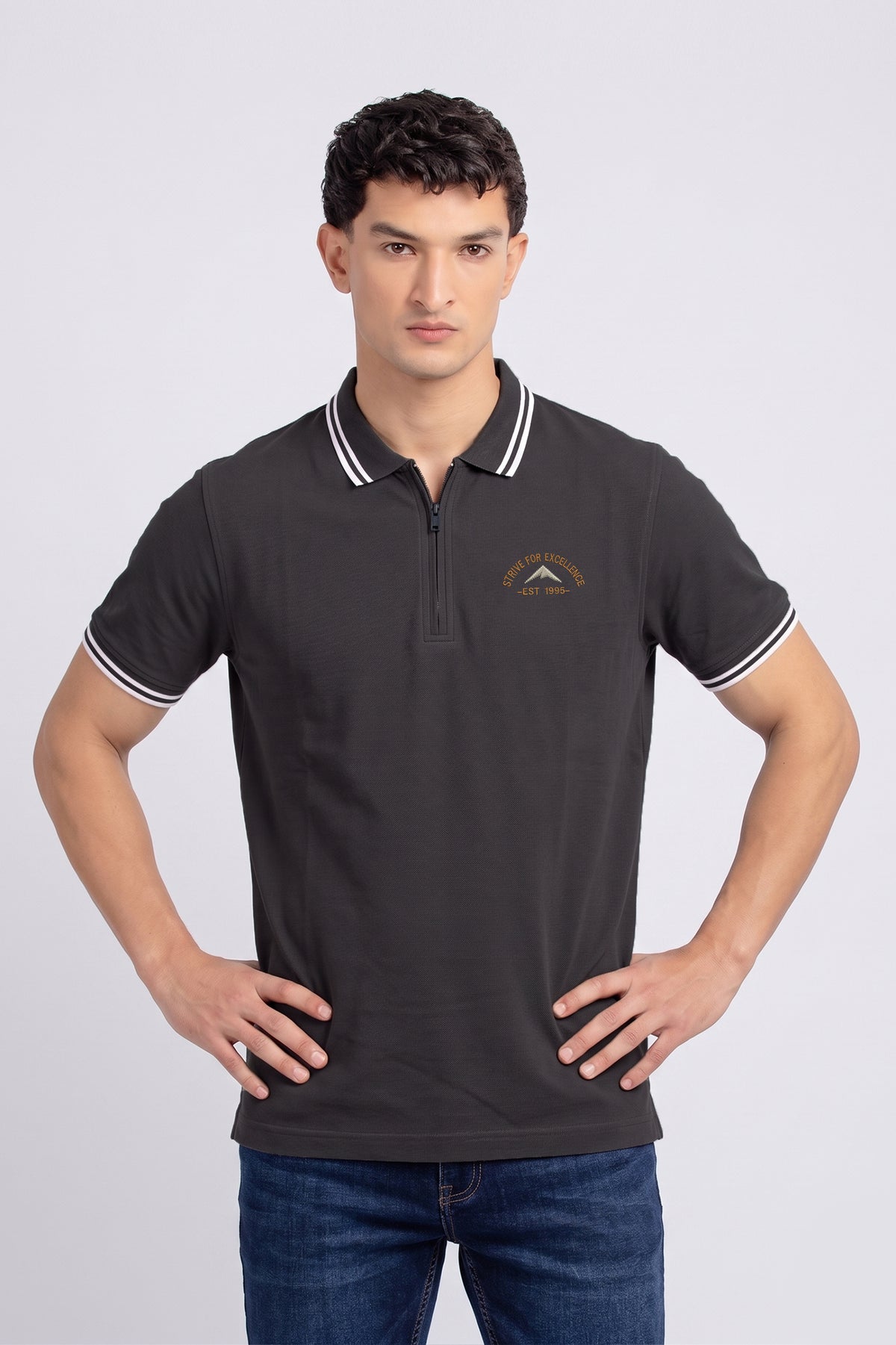 Alpine Men’s Charcoal Grey Cotton Polo Shirt - Zip Edition