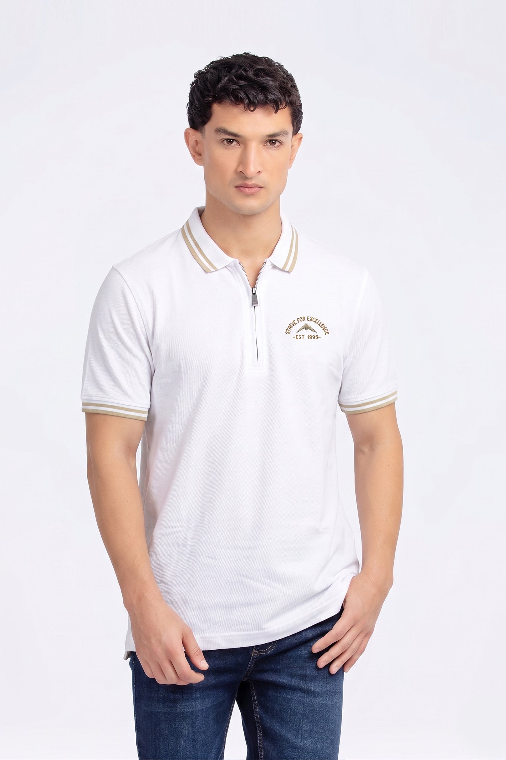 Alpine Men’s White Cotton Polo Shirt - Zip Edition
