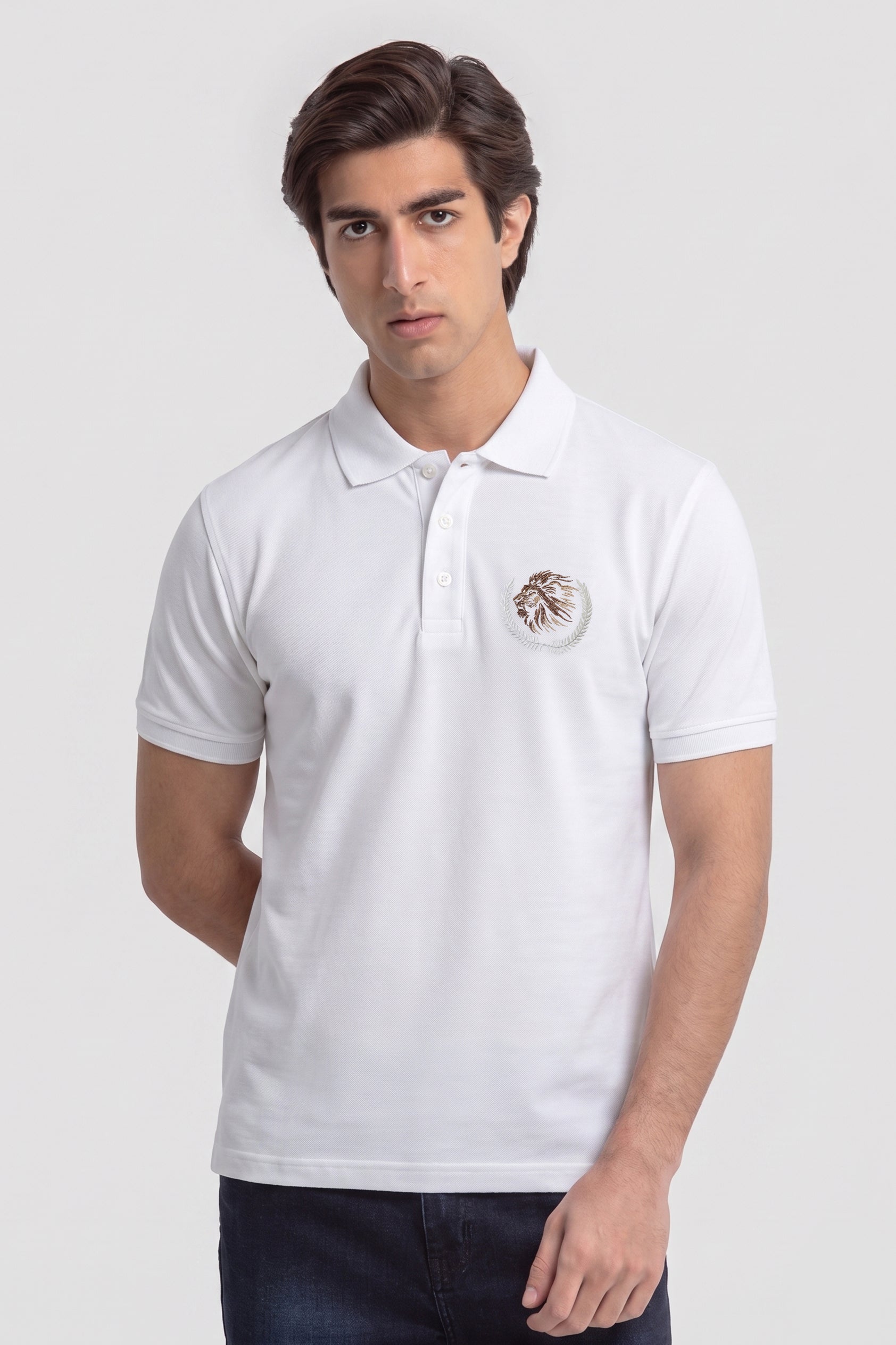 Alpine Men’s White Polo – Royal Lion Edition