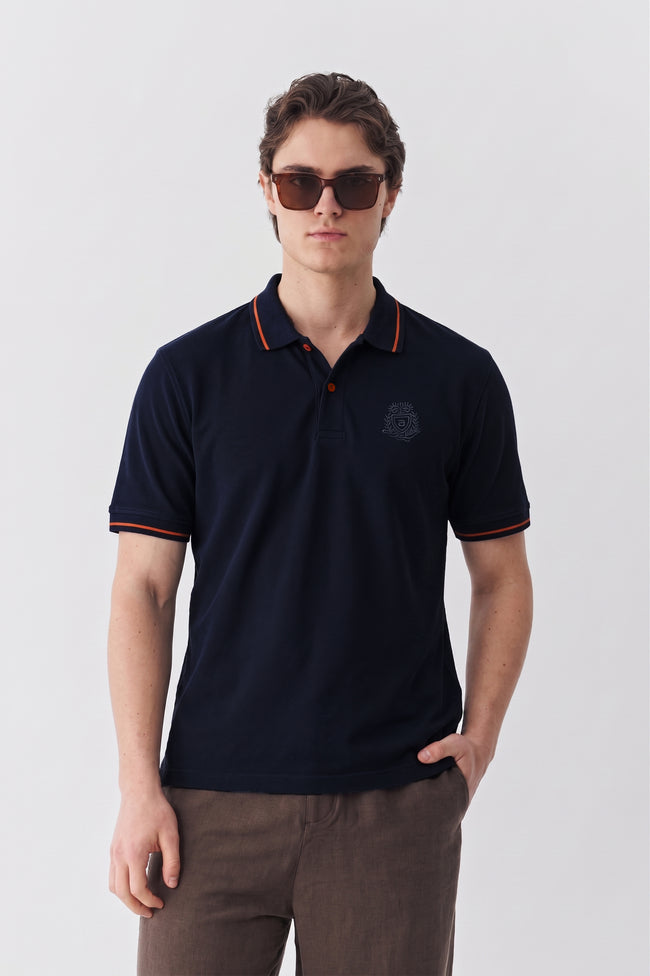 Alpine Men’s Navy Blue Cotton Polo Shirt - Premium Edition Hover Image