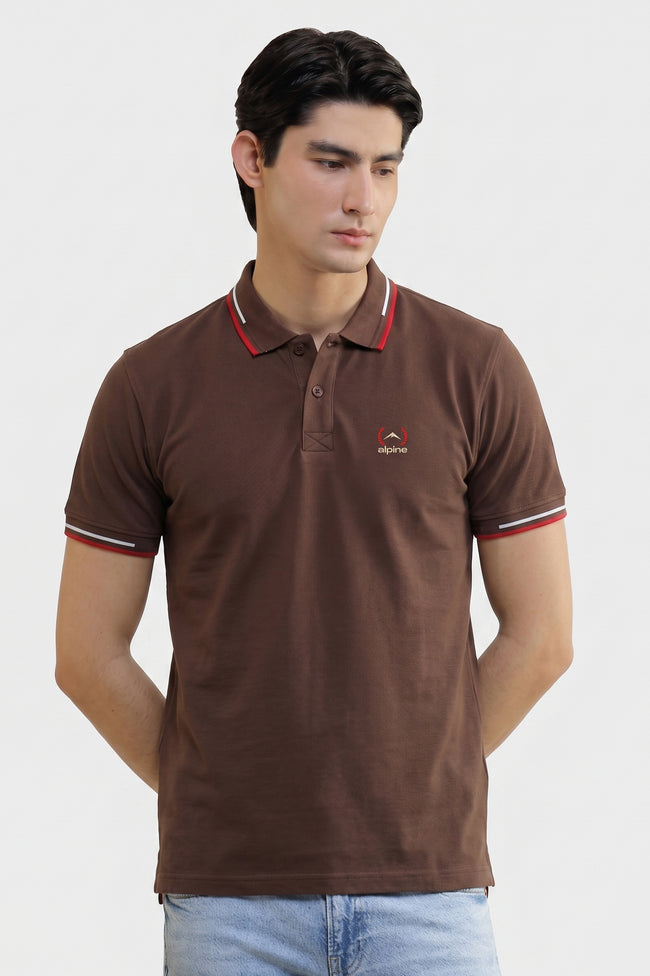 Alpine Men’s Coffee Brown Cotton Polo Shirt – Contrast Trim Edition Hover Image