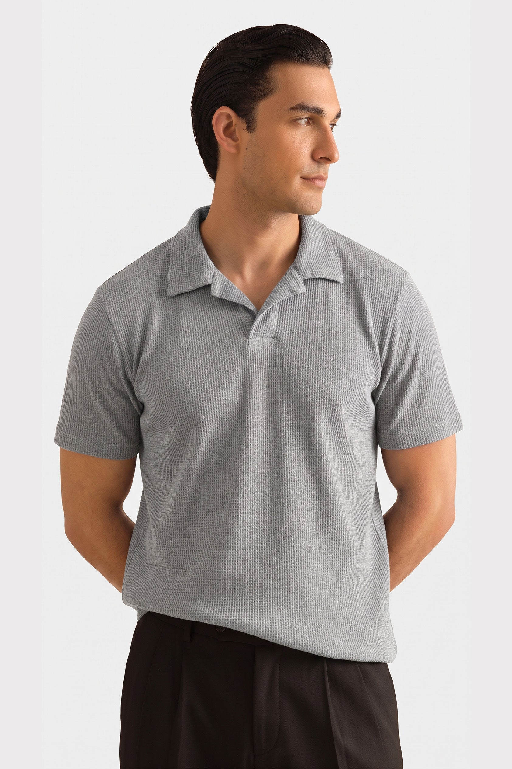 Silver Gray V Neck Knitted Polos