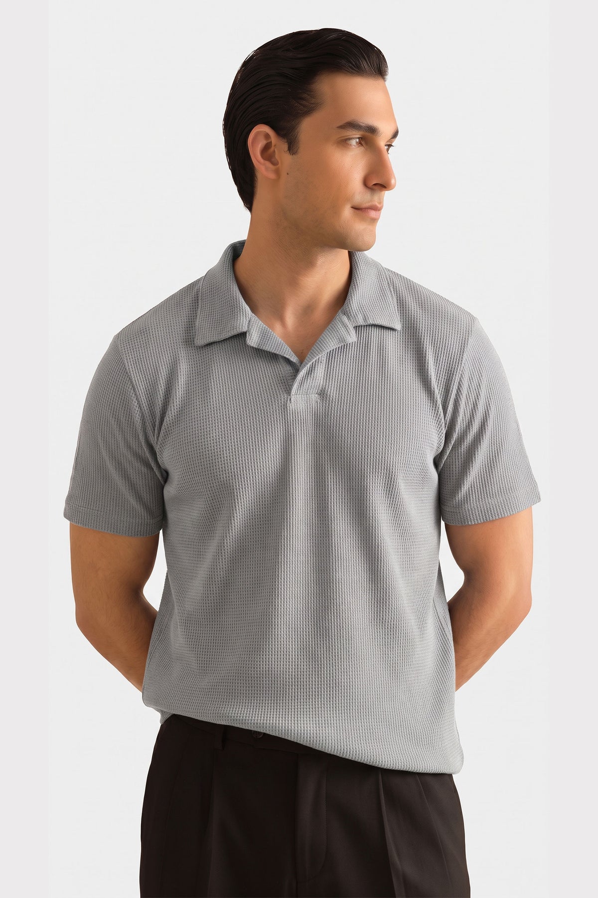 Silver Gray V Neck Knitted Polos