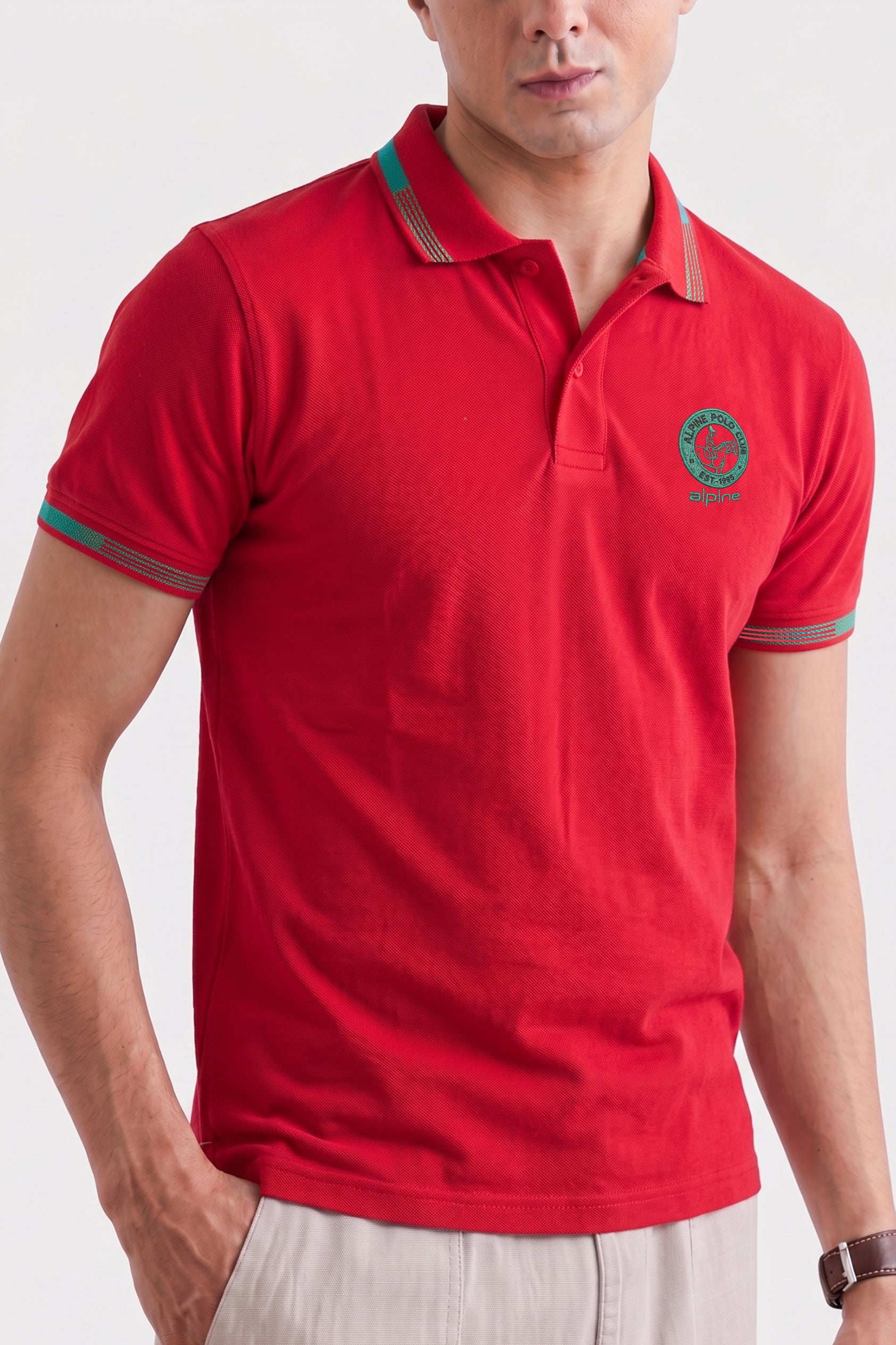 Alpine Men’s Red Cotton Polo Shirt - Heritage Badge Edition