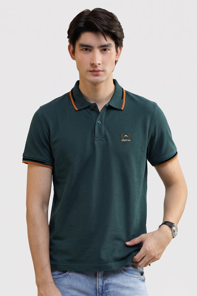 Alpine Men’s Dark Green Cotton Polo Shirt – Contrast Trim Edition Hover Image