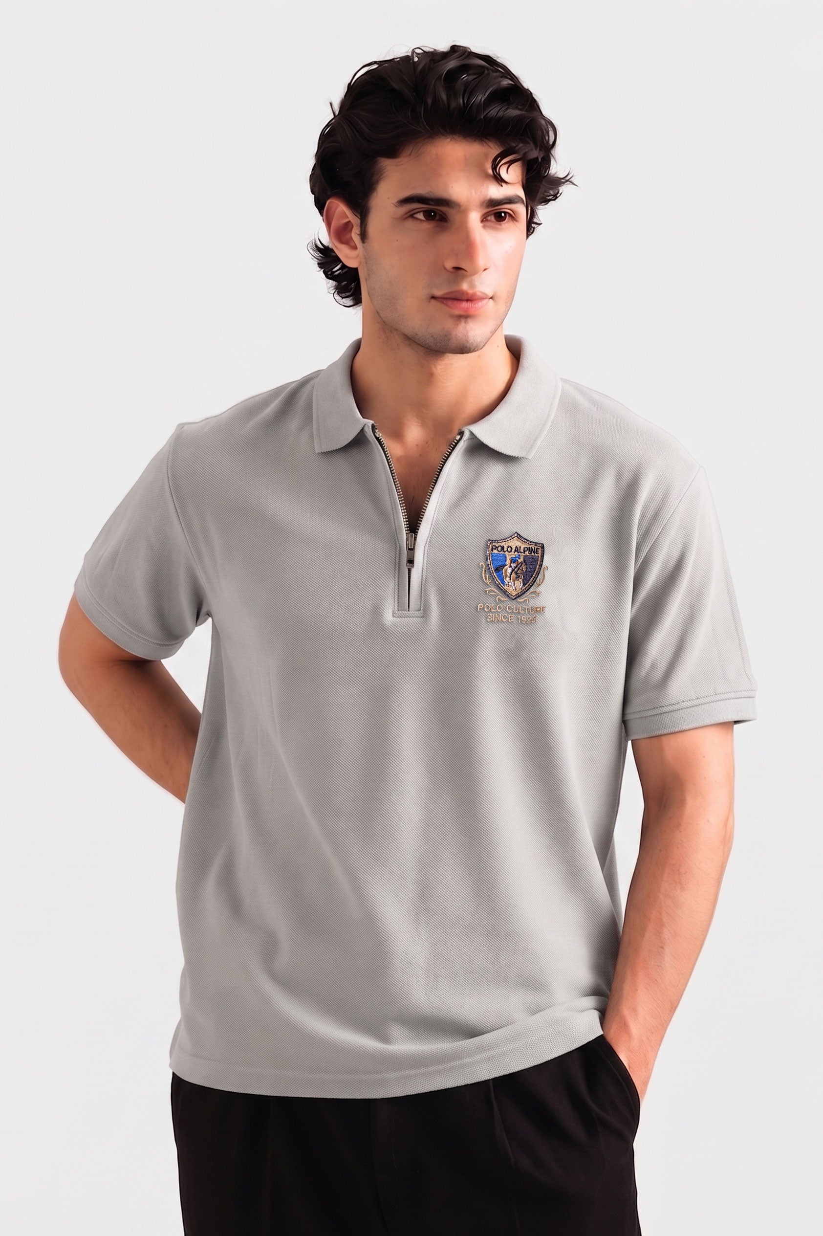 Alpine Men’s Premium Zip Polo – Silver Grey