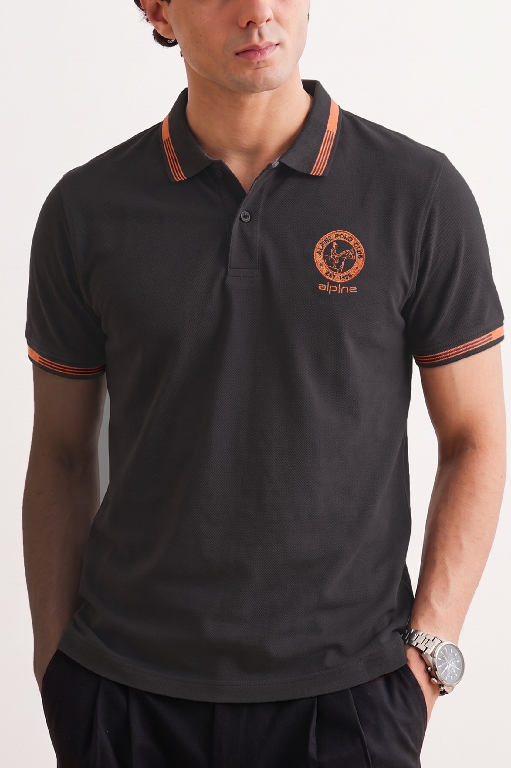 Alpine Men’s Charcoal Grey Cotton Polo Shirt - Heritage Badge Edition