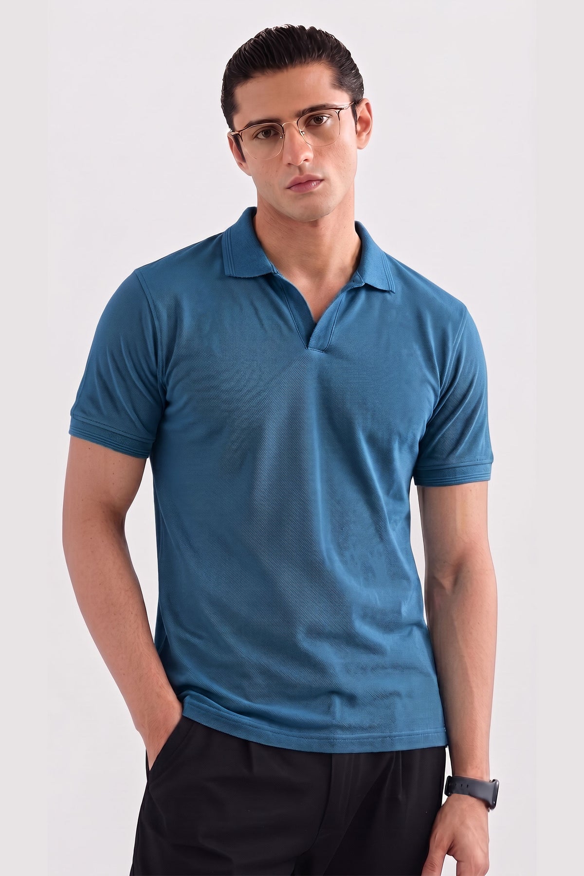 Alpine Men’s Teal Blue Cotton PQ V-Neck Polo Shirt