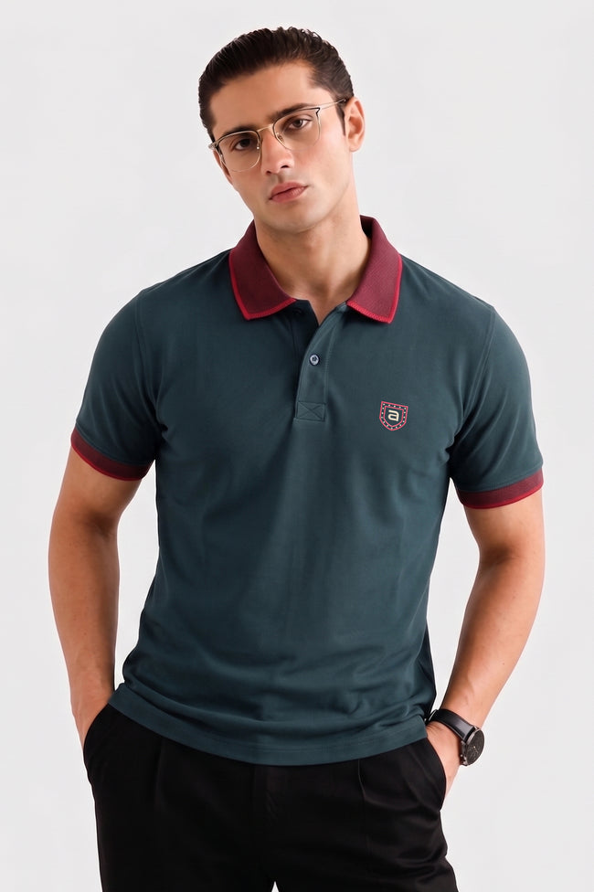 Alpine Men’s Dark Green Cotton Polo Shirt – Contrast Collar Edition Hover Image