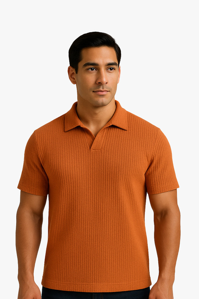 Orange V Neck Knitted Polos Hover Image