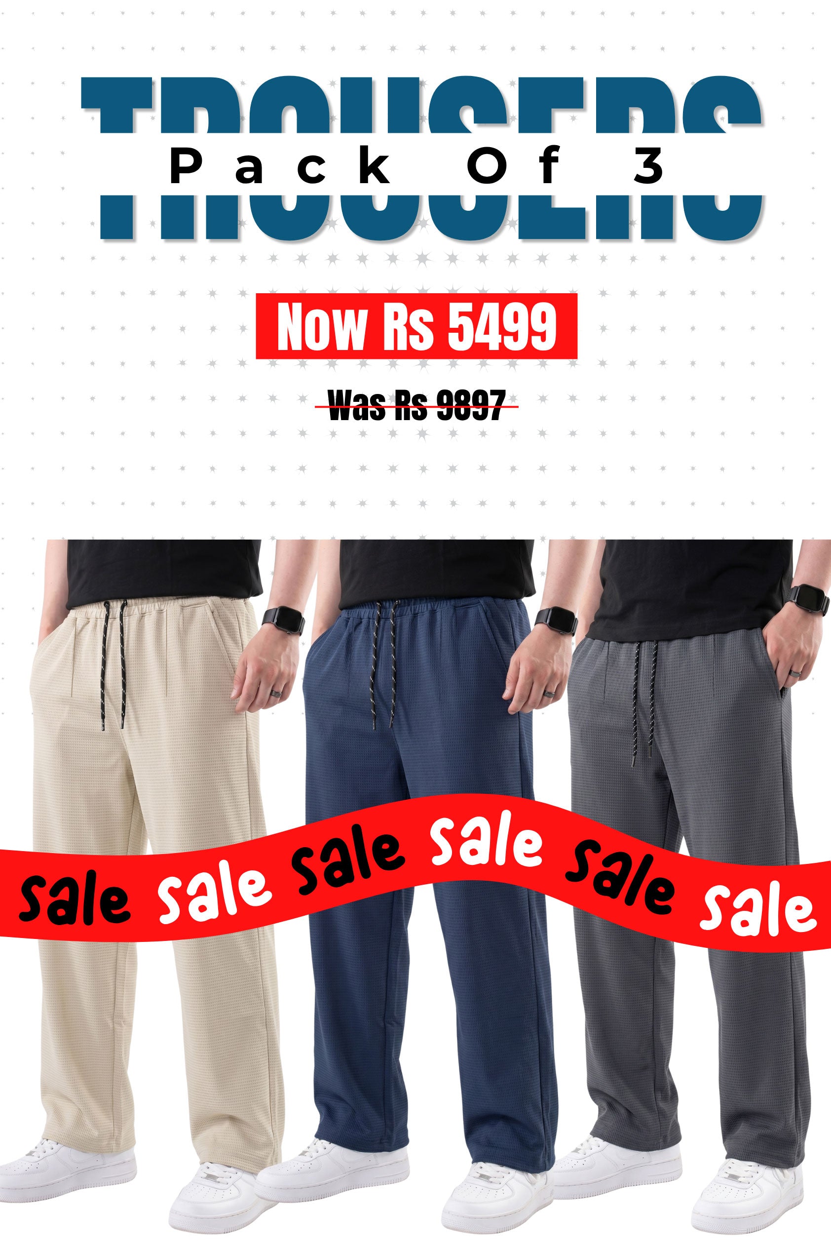 Alpine - Textured Trouser Bundle Offer - Off White, Navy Blue & Grey