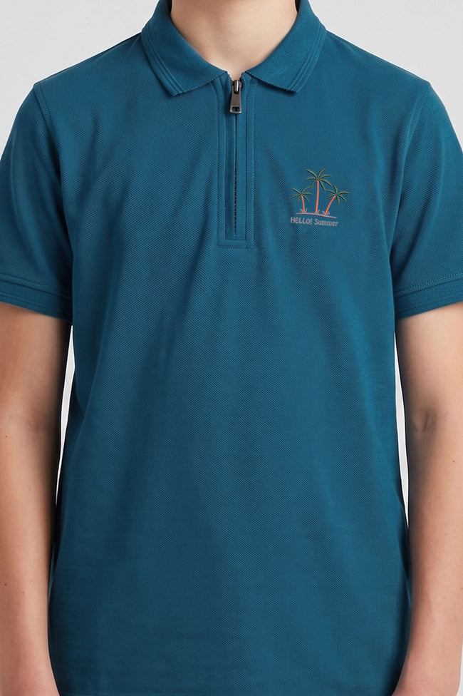 Alpine Kids Teal Blue Cotton Polo Shirt – Zip Edition Main Image