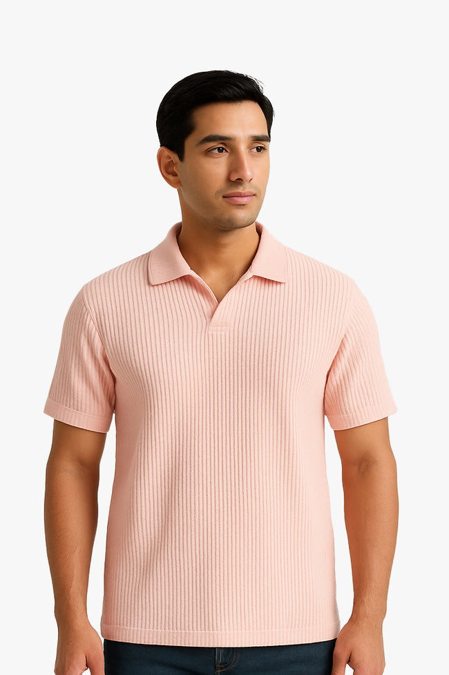 Pink V Neck Knitted Polos Hover Image