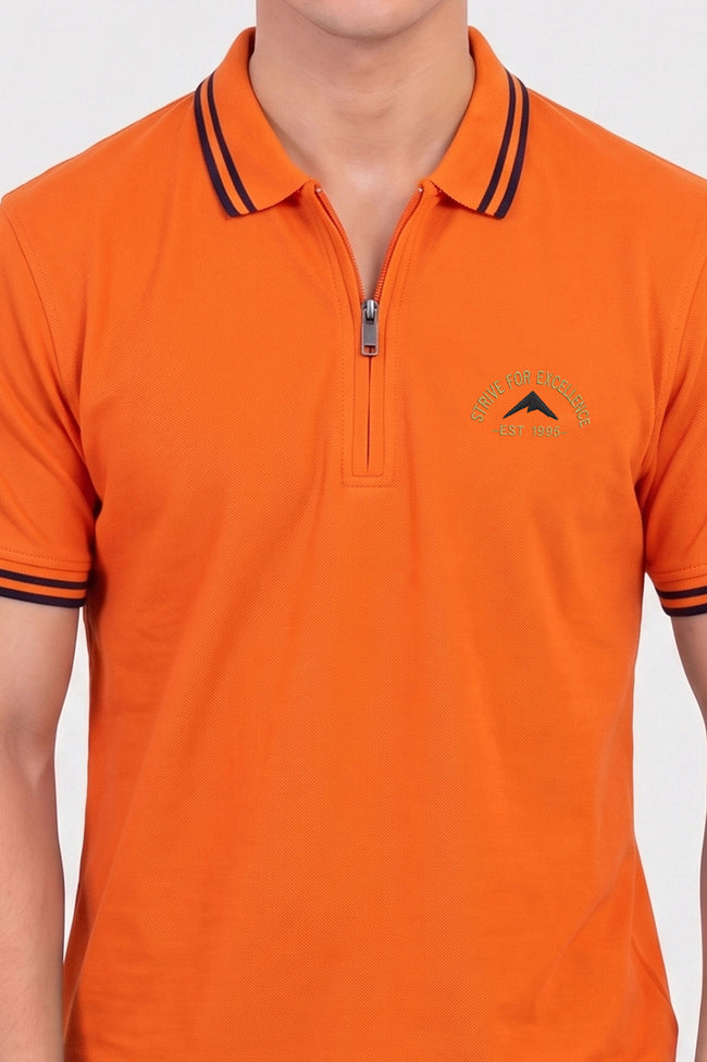 Alpine Men’s Orange Cotton Polo Shirt - Zip Edition Main Image