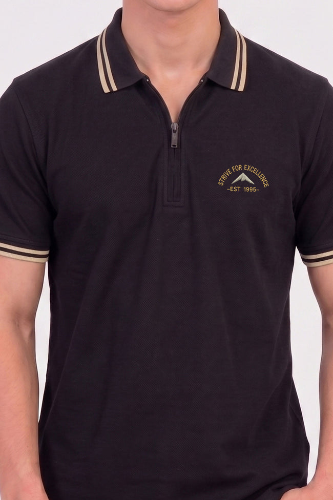 Alpine Men’s Black Cotton Polo Shirt - Zip Edition Main Image