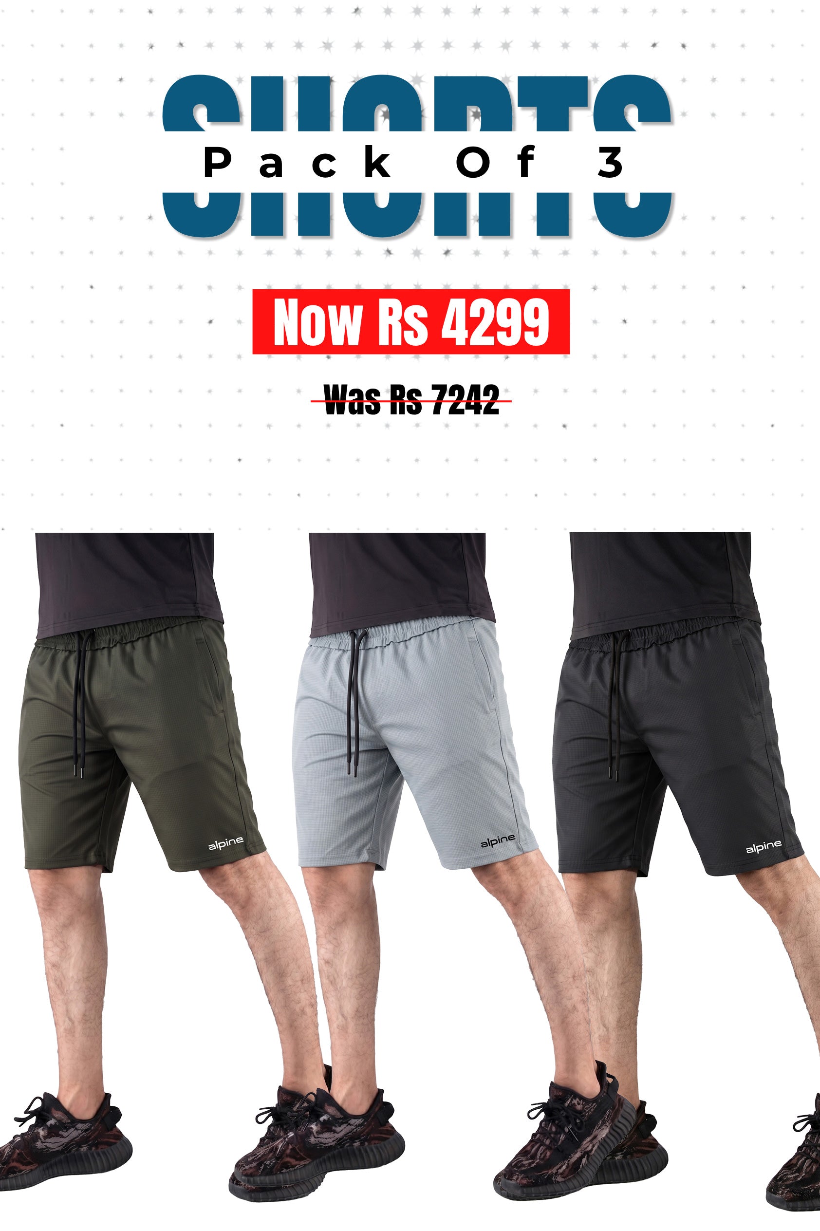 Alpine - Square Mesh Lycra Short Bundle Offer -Black, Olive & Silver Grey