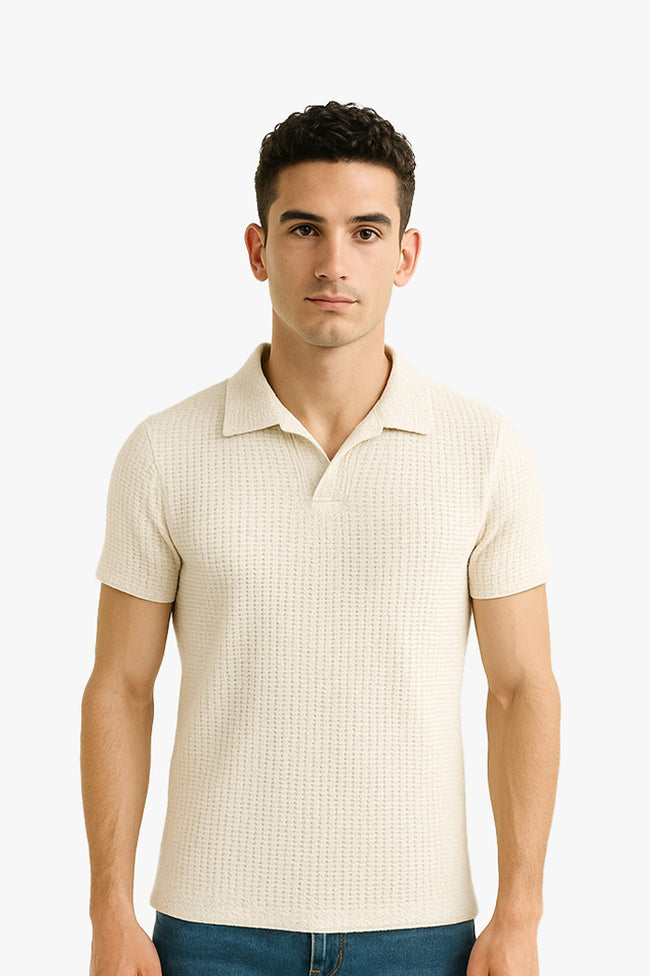 Off White V Neck Knitted Polos Hover Image