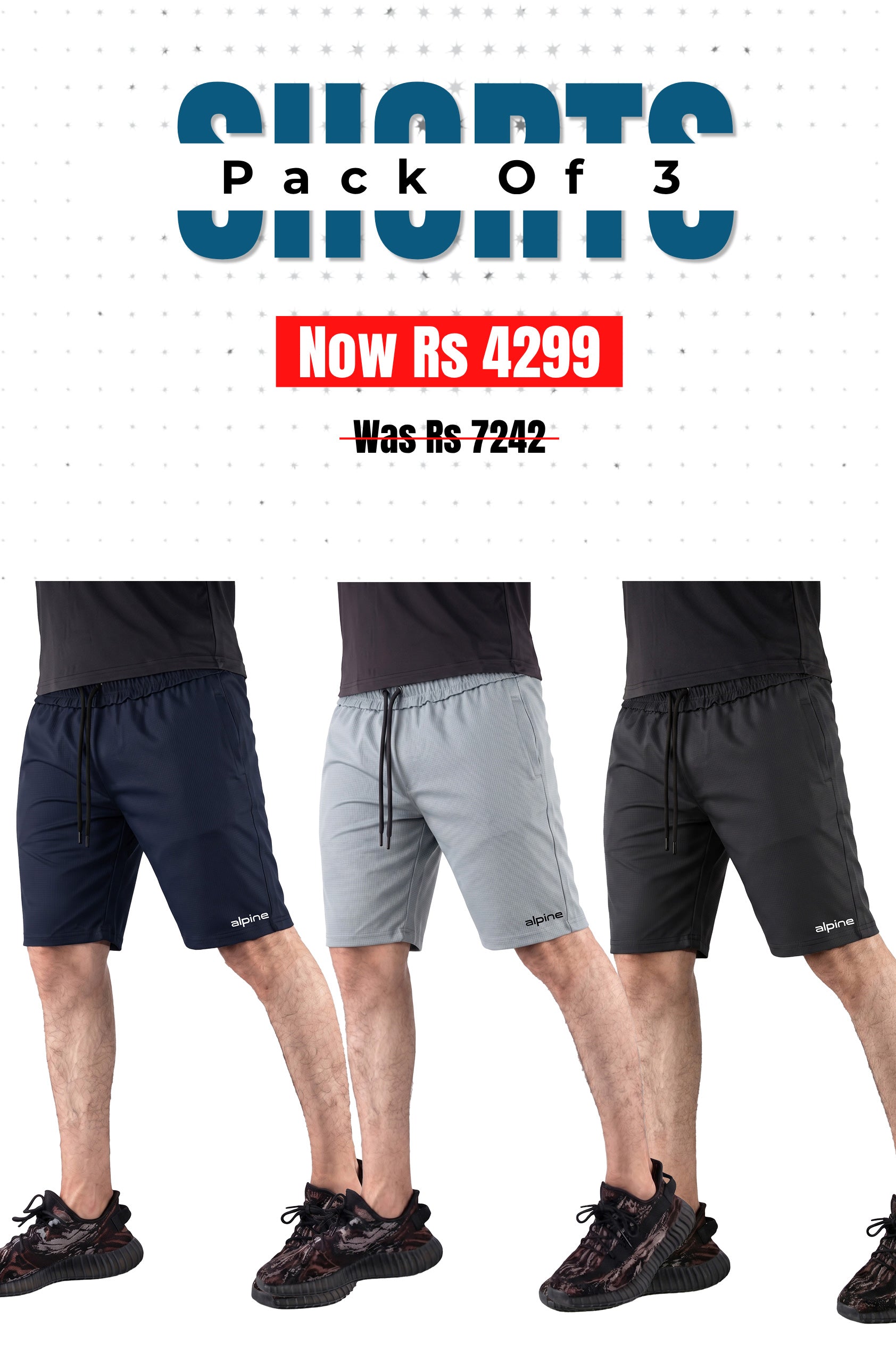Alpine - Square Mesh Lycra Short Bundle Offer -Black, Navy Blue & Silver Grey