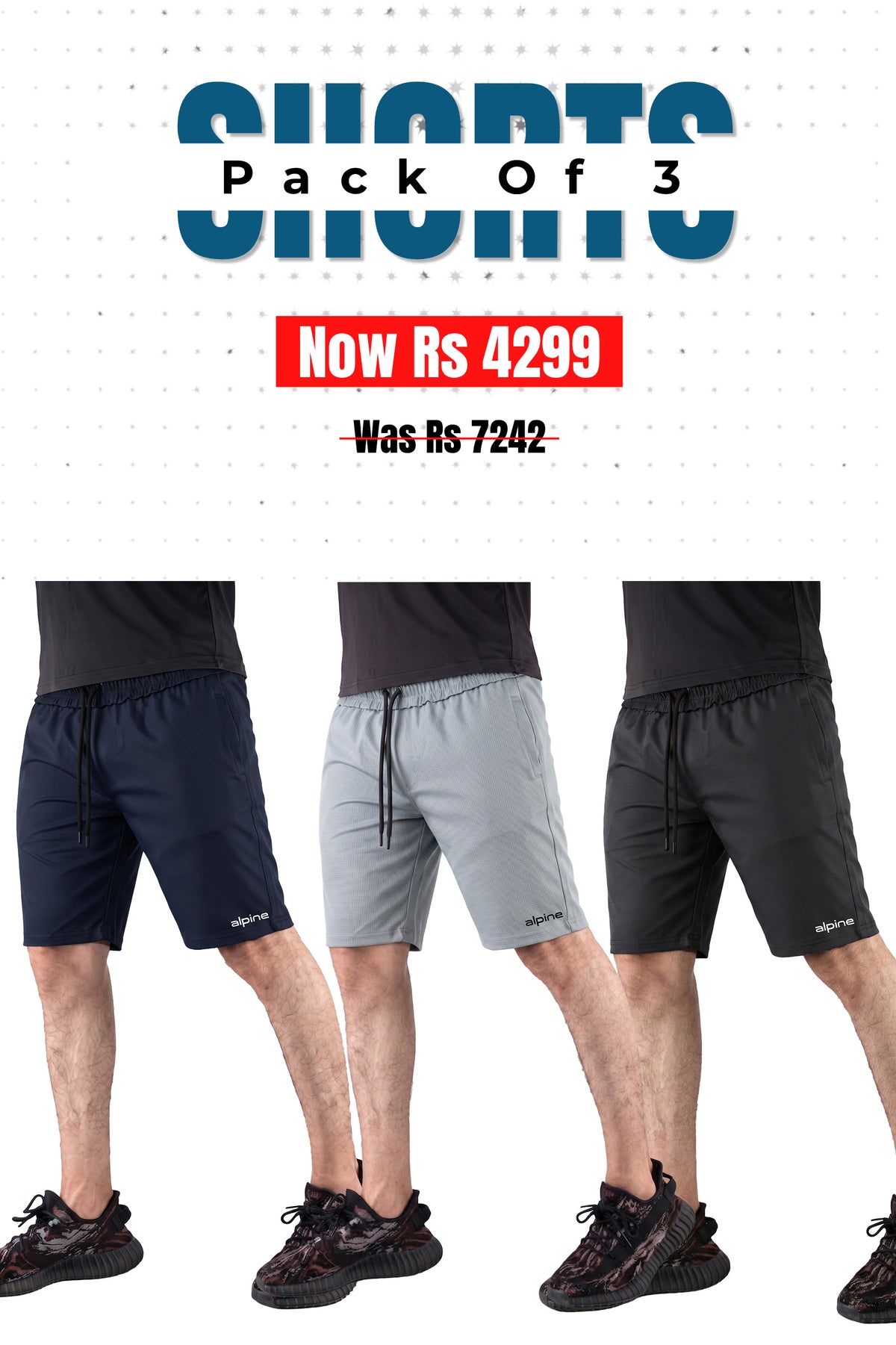 Alpine - Square Mesh Lycra Short Bundle Offer -Black, Navy Blue & Silver Grey