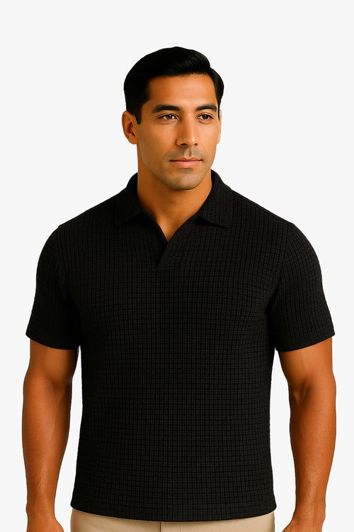 Black Spandex V Neck Knitted Polos