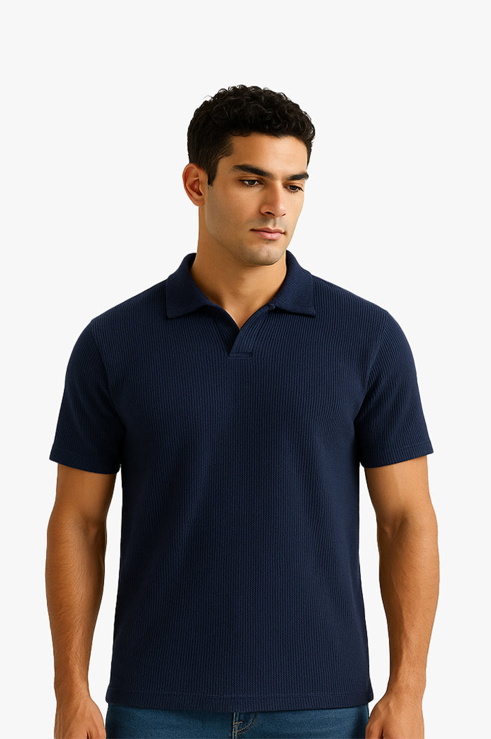 Blue V Neck Knitted Polos