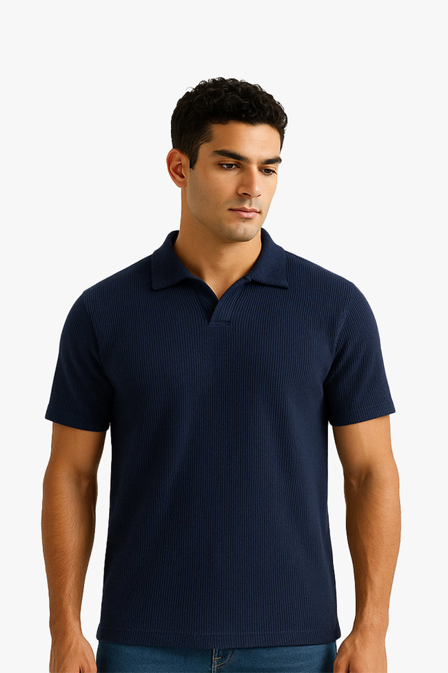 Blue V Neck Knitted Polos Hover Image