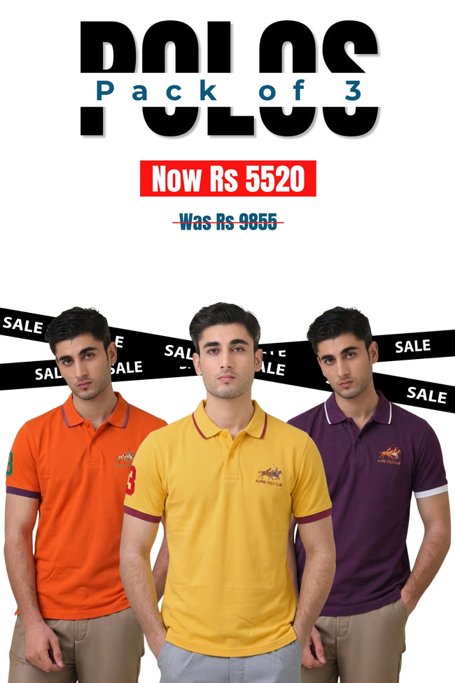 Alpine Men’s - Cotton Polo Shirt Bundle Offer - Purple, Yellow & Orange Hover Image