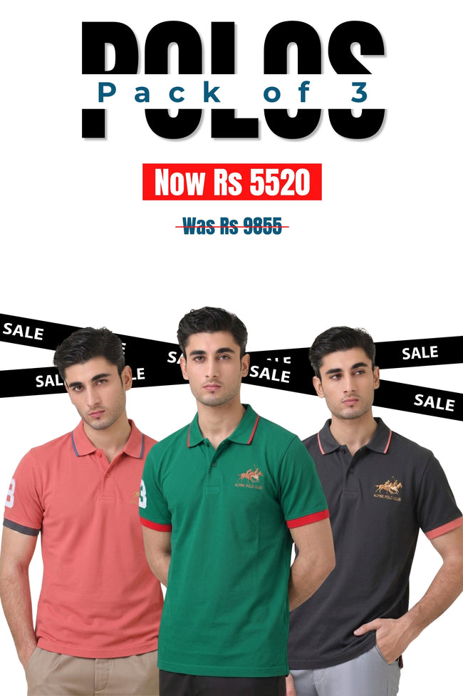 Alpine Men’s - Cotton Polo Shirt Bundle Offer - Ash Rose, Green & Charcoal Grey Hover Image