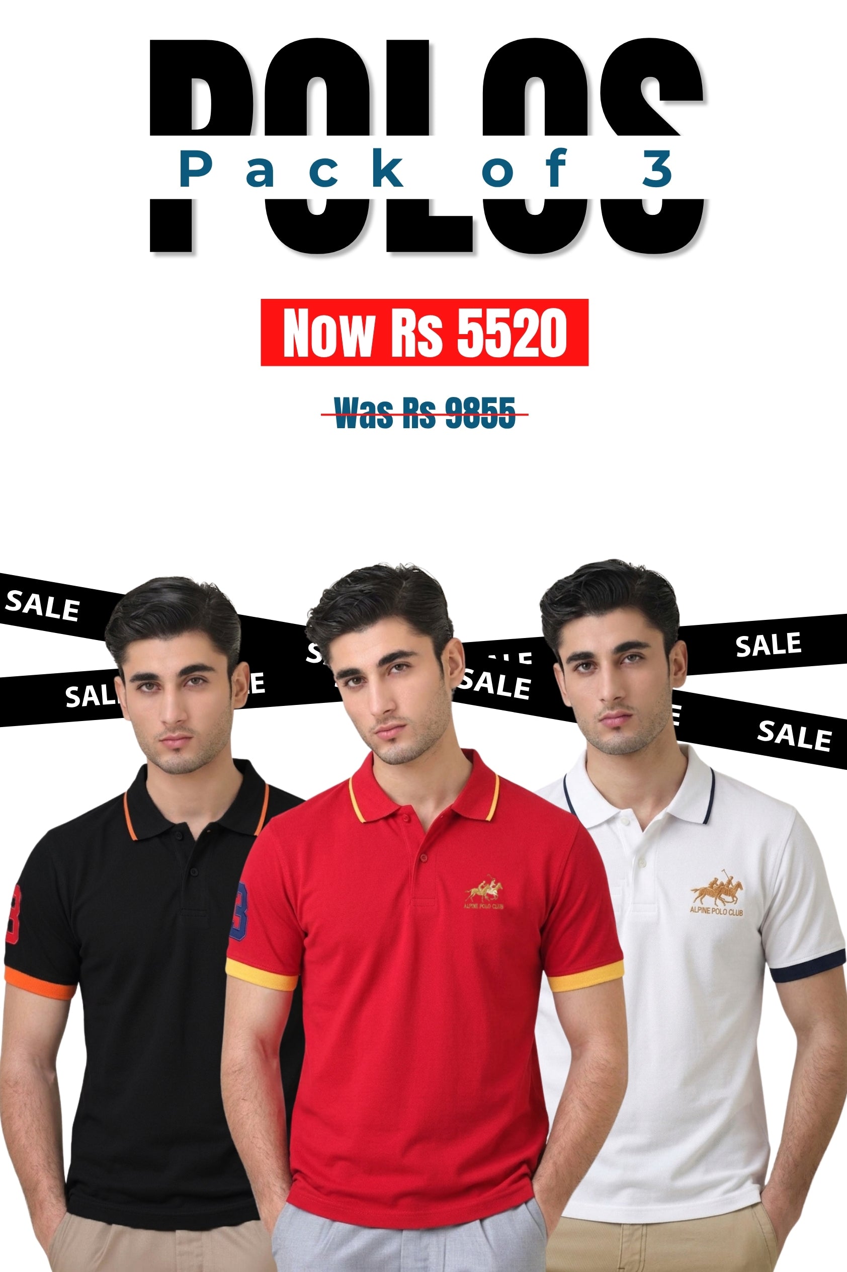 Alpine Men’s - Cotton Polo Shirt Bundle Offer - Black, Red & White